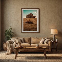 Elevate farmhouse living room with rustic sofa, live edge coffee table, and empty mock-up poster frame against beige wall.