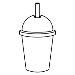 Рlastic cup with coffee to go, a straw. A cold drink. Icon, coloring page, black and white illustration.