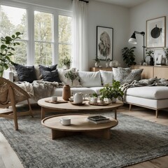 Showcase Scandinavian style with a round wood coffee table paired with a white sofa in a modern living room