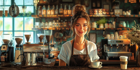 young smiling happy female barista in apron serving a cup of coffee to go at the bar counter of a cafe, woman, girl, coffee shop, drink, restaurant, employee, waiter