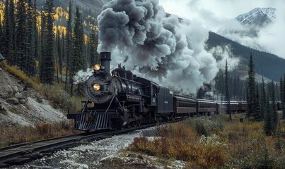 Fototapeta premium black steam locomotive pulling a chain of vintage carriages through a stunning autumnal mountain landscape with vibrant trees and a snowy peak
