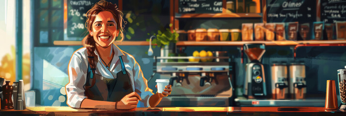 young smiling happy female barista in apron serving a cup of coffee to go at the bar counter of a cafe, woman, girl, coffee shop, drink, restaurant, employee, waiter
