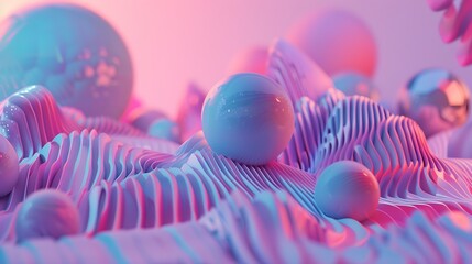 3D rendering of a pink and blue abstract landscape with a large sphere in the foreground and several smaller spheres in the background.