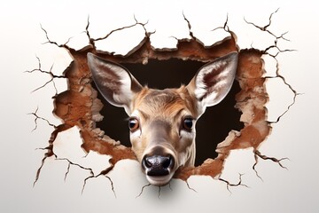 a deer head looking through a hole in a wall - obrazy, fototapety, plakaty