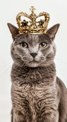 A regal grey cat dons a golden crown, exuding an air of feline majesty