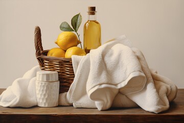 a basket of lemons and a towel - obrazy, fototapety, plakaty