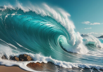 Tidal tsunami wave with foam,  stormy sea background, blue and teal ocean illustration