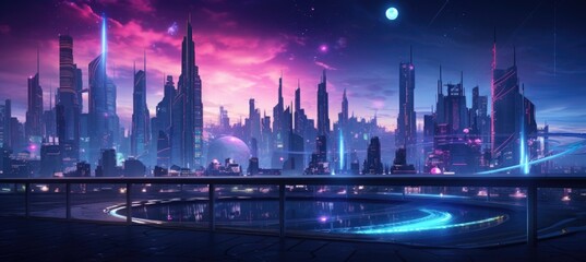 Fototapeta na wymiar Panoramic View of Vibrant Futuristic Cityscape with Glowing Lights