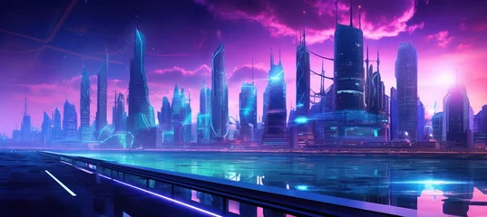 Foto auf Leinwand Panoramic View of Vibrant Futuristic Cityscape with Glowing Lights © Marharyta