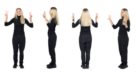 various poses of the same woman with two fingers showing the victory sign white background