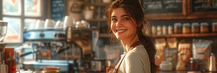Obraz premium young smiling happy female barista in apron serving a cup of coffee to go at the bar counter of a cafe, woman, girl, coffee shop, drink, restaurant, employee, waiter