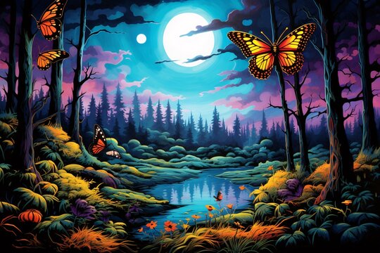 a painting of butterflies flying over a river