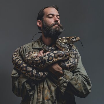 Portrait of a  bearded man with a python on a gray background