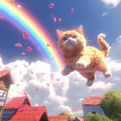 Generative AI: Fluffy cat floating in the air next to a rainbow