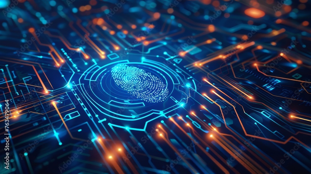Poster security system concept with fingerprint on technology background