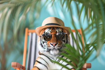 funny tiger sitting on a lounger at a tropical beach