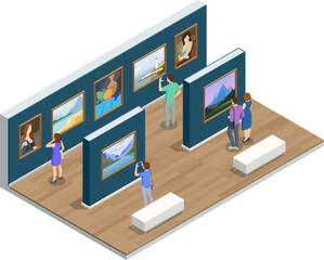 Isometric Interior of the Modern Art, an art museum. Room in museum with artworks and visitor.