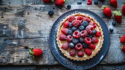 Sweet tart with berries in plate on grey wooden table