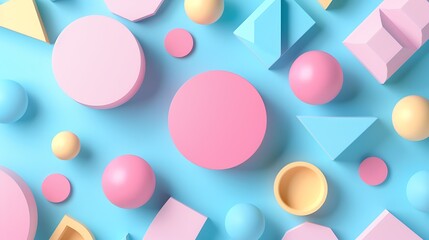 3D rendering of colorful geometric shapes on a blue background. The image has a soft, pastel color...