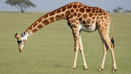 Naklejka na ściany i meble A Giraffe With Its Neck Bent To Graze On Grass Upscaled 9