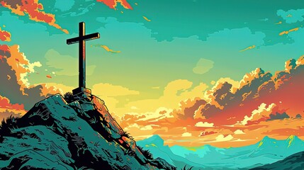 A cross stands atop a mountain against a vivid sunset sky