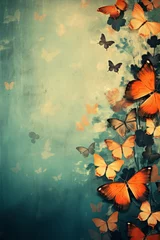 Photo sur Plexiglas Papillons en grunge Vintage grunge background with clear glowing butterflies and white double exposure flowers