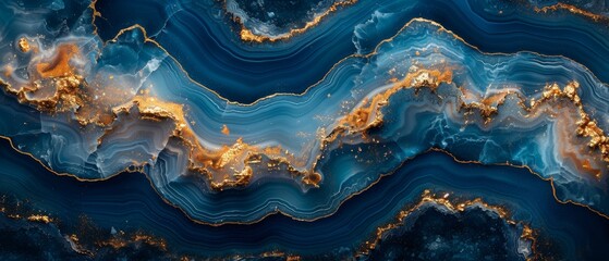 A beautiful blue paint combined with gold powder in an abstract ocean-Art. Natural Luxury. This style resembles swirls of marble or ripples of agate.