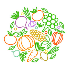 Emblem - Vegetables in linear style. Logo template for a health food store or vegetarian cafe. Healthy lifestyle. Vector illustration