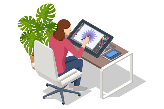 Isometric Graphic design studio. Artist drawing something on graphic tablet at the office