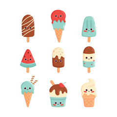 Set of cute funny ice cream in kawaii style. Ice creams cartoon characters