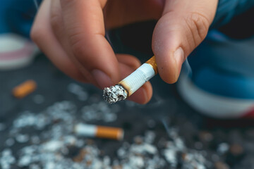 Male hand crushing cigarette, Concept Quitting smoking,World No Tobacco Day  - obrazy, fototapety, plakaty