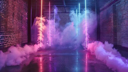 an empty room featuring brick walls bathed in neon lights, accented by laser lines, and enigmatic colorful smoke.
