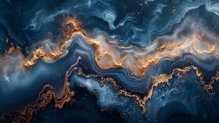 An abstract ocean painting that incorporates swirls of marble or ripples of agate. A delightful blue paint colour with gold dust added. - obrazy, fototapety, plakaty
