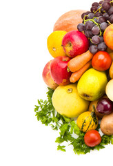 Set of vegetables and fruits isolated on a white. Free space for text.Vertical photo
