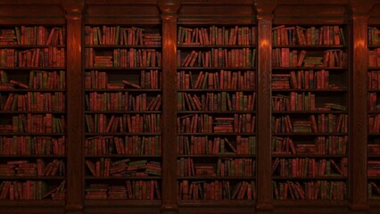 3D rendered illustration of a medieval fantasy bookcase with an assortment of magical books