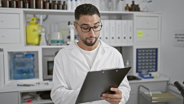 A focused man in lab coat inspects documents in a bright laboratory setting, portraying professionalism and healthcare.