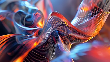 3D rendering of abstract glowing shapes. Futuristic wavy structure with bright colorful lines. Modern background with dynamic flowing stripes.
