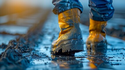 A person wearing yellow boots is walking through mud. The boots are covered in mud and water, and the person's pants are also wet. Concept of discomfort and the challenges of navigating through wet - obrazy, fototapety, plakaty