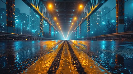 an empty asphalt road beneath an overpass, framed by the dazzling lights and architectural marvels...
