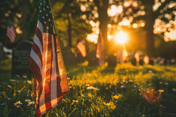American flag in honor of Memorial Day holiday in the USA at the cemetery, memory of fallen wars and military personnel - obrazy, fototapety, plakaty