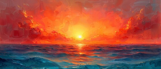 An original oil painting on canvas of an evening sunset sky over the ocean with an abstract...