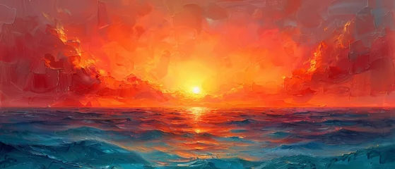 Badezimmer Foto Rückwand An original oil painting on canvas of an evening sunset sky over the ocean with an abstract textured background. © DZMITRY