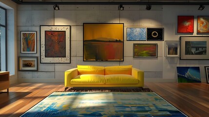 Modern living room interior with yellow sofa, paintings and blue carpet.