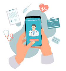 Online doctor consultation smartphone app design concept. Man holding smart phone in hand and calls doctor.