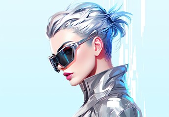 Beautiful young woman in sunglasses. Fashionable image of the model. The female image is drawn. Illustration for poster, cover, brochure, card, postcard, interior design or print. - 763483063