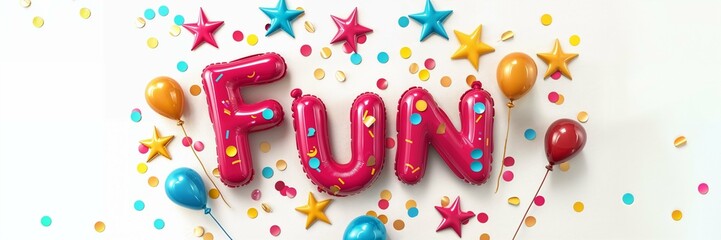 the fun word written text in balloons and stars and confetti as event or birthday children party in daycare or kindergarten decoration banner isolated on white background