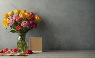 Vase of flowers with a picture frame  in the background. Image for a wedding, women's day, mother's day, Valentine's Day or birthday themed greeting card or invitation. With space for text.
