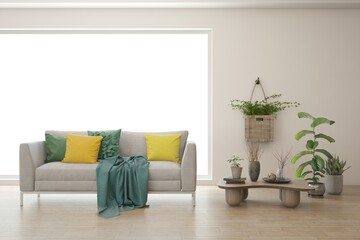 White living room with sofa. Scandinavian interior design. 3D illustration