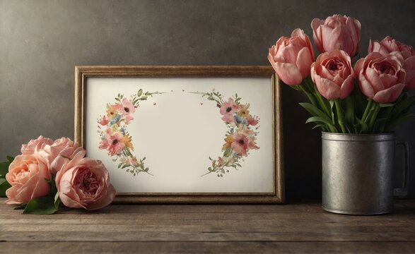 Framed picture of pink roses and a framed picture of a pink tulips. Image for a wedding, women's day, mother's day, Valentine's Day or birthday themed greeting card or invitation. With space for text.