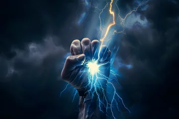 Tuinposter Hand holding up a lightning bolt. Energy and power. Stormy background. Blue glow. Zeus, thor. © Prasanth